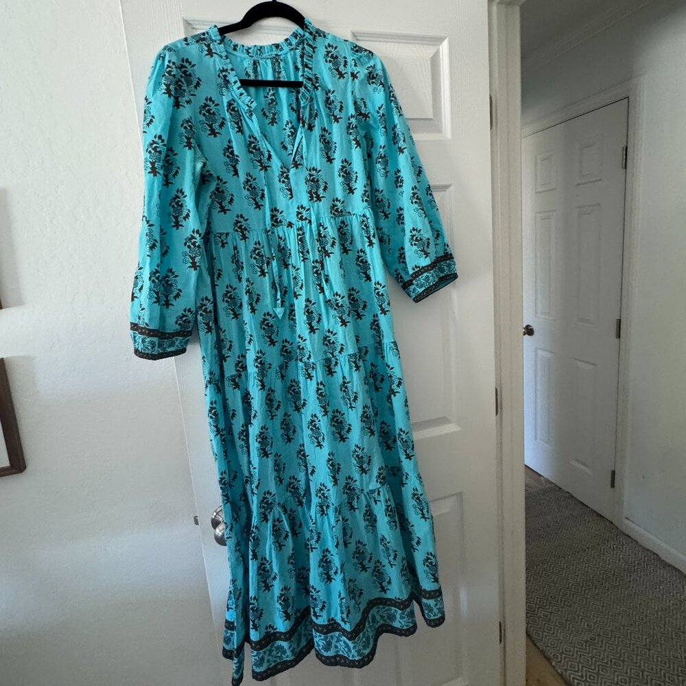 Tuckernuck - Boho Blue Printed Midi Dress – Size M – Flowy Tiered Dress